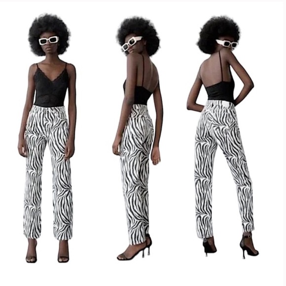 NWT Zara 100% cotton Zebra black/white Stripe Straight Leg Jeans - Size 4 - Picture 3 of 8